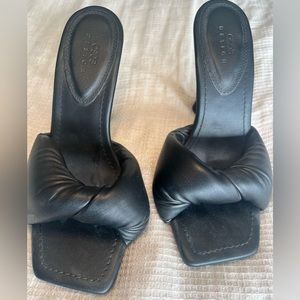 ASOS wide fit niki padded twist high heel mules in black